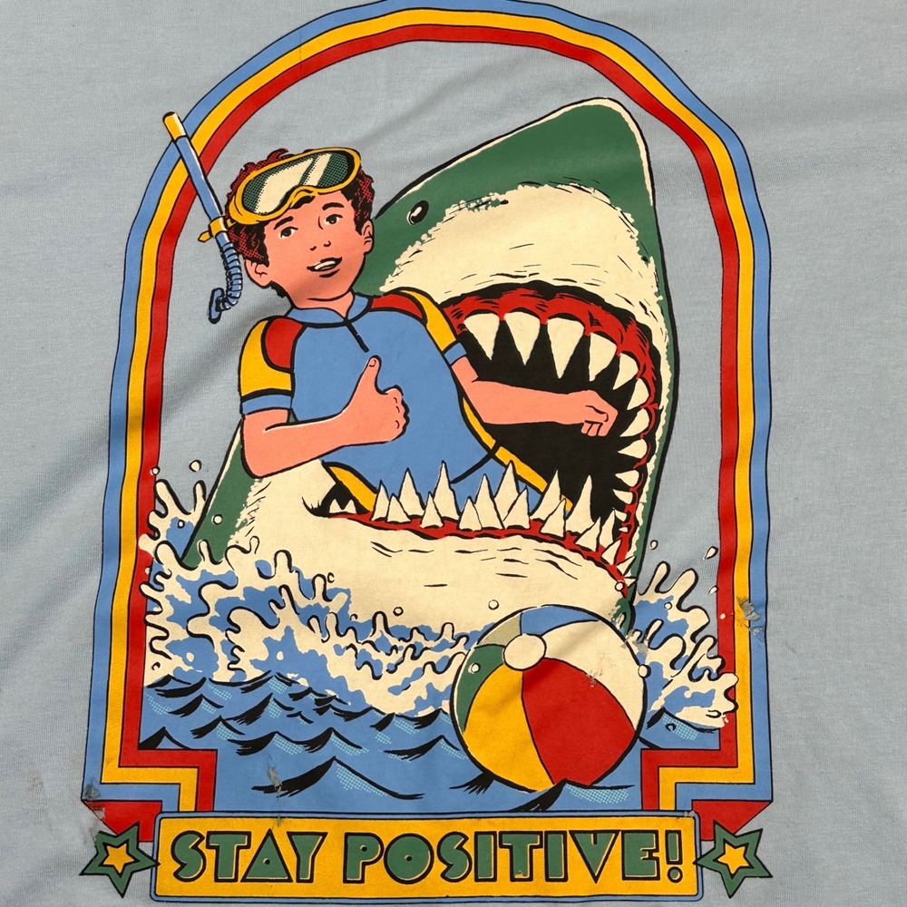 Romwe Mens XL Stay Positive Shark Attack Graphic Tee Light Blue Distressed Humor